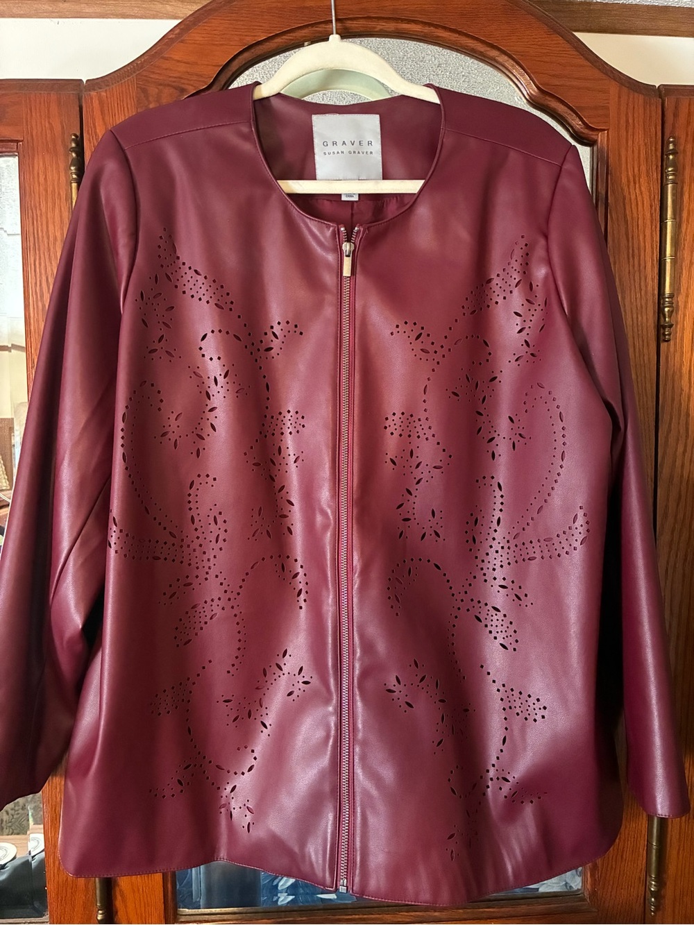 Susan Graver Burgundy Faux Leather Laser-Cut Zip Jacket